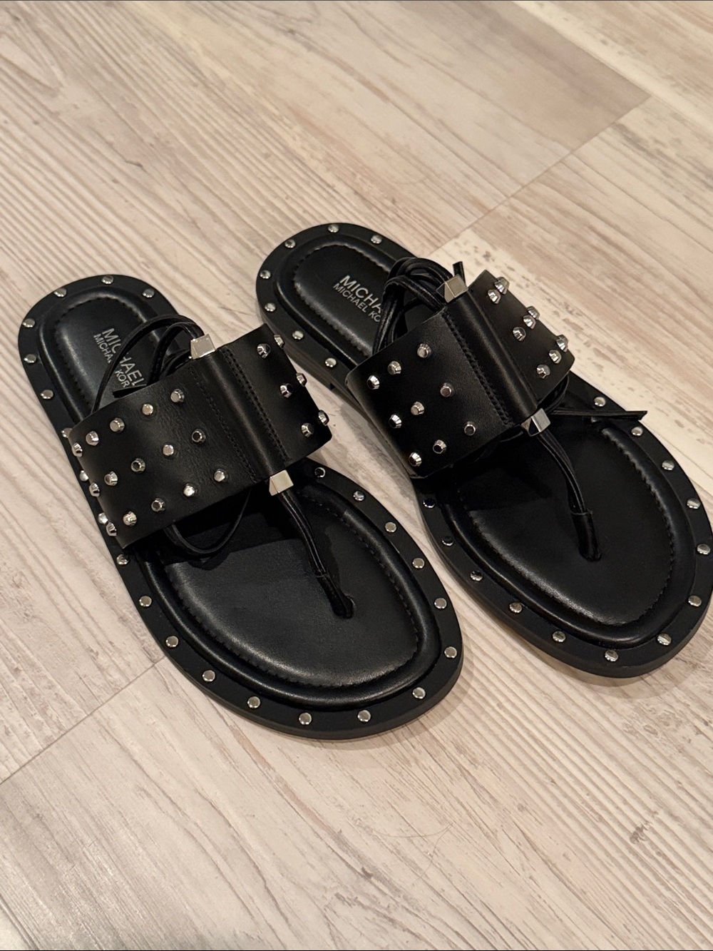 Michael Kors Black Leather Studded Sandals with Silver Accents Brand New